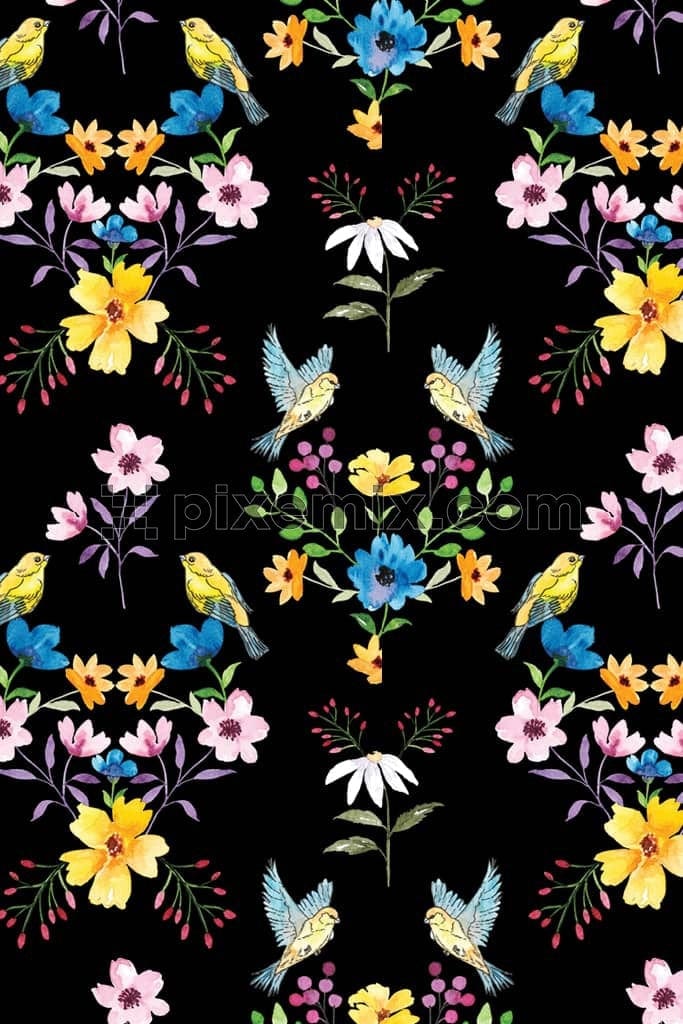 Birds and florals product graphic with seamless repeat pattern