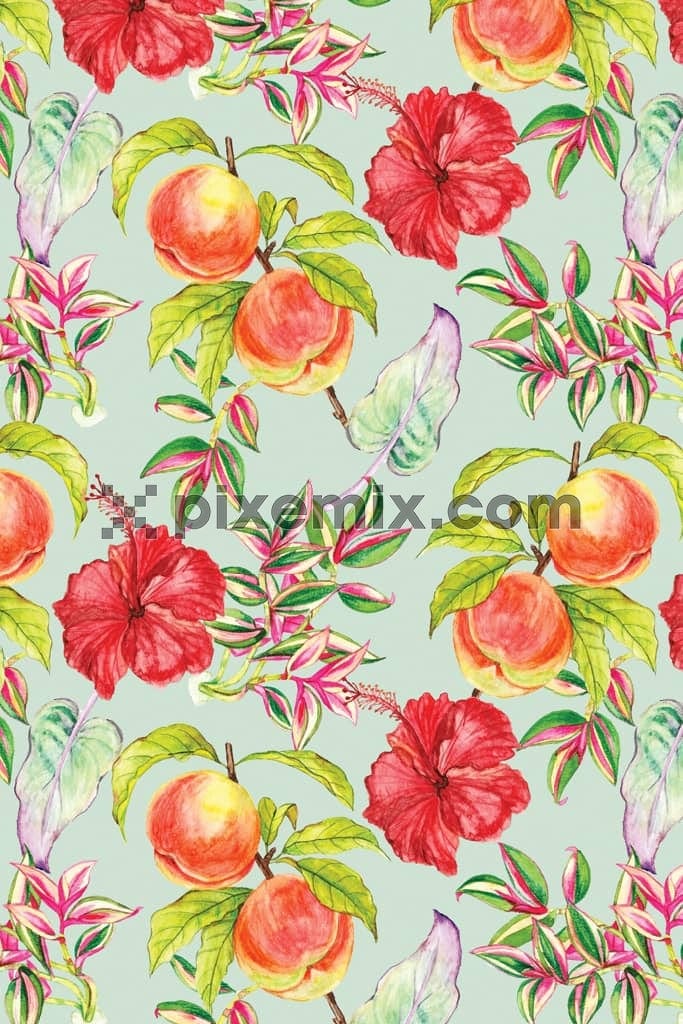 Tropical florals and fruits product graphic with seamless repeat pattern