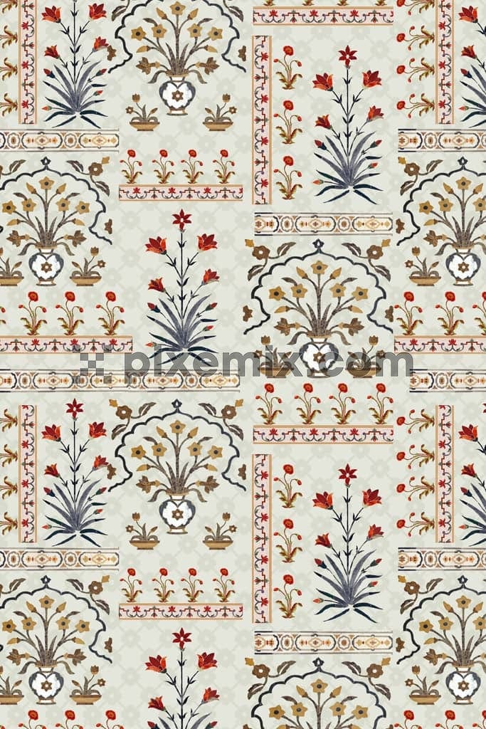 Mughal art florals and leaf product graphic with seamless repeat pattern