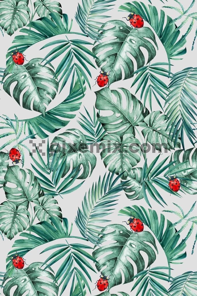 Tropical leaf and insects product graphic with seamless repeat pattern