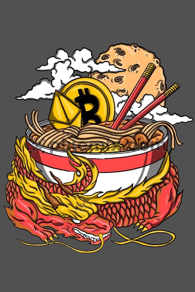 Oriental inspired dragon and bitcoin product graphic
