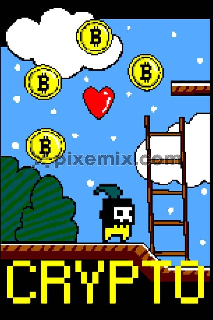 Cryptocurrency inspired pixel game product graphic