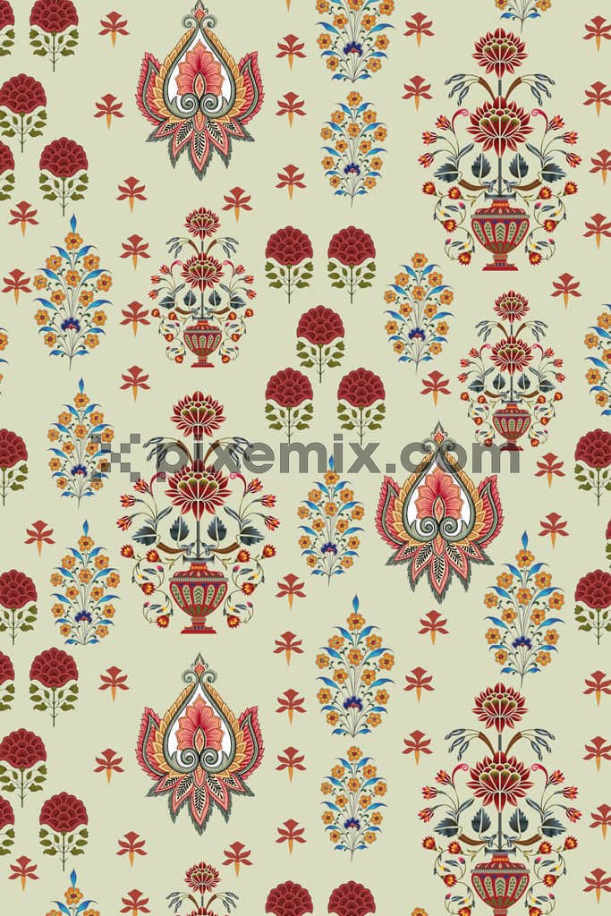 Persian art inspired floral art product graphic with seamless repeat pattern