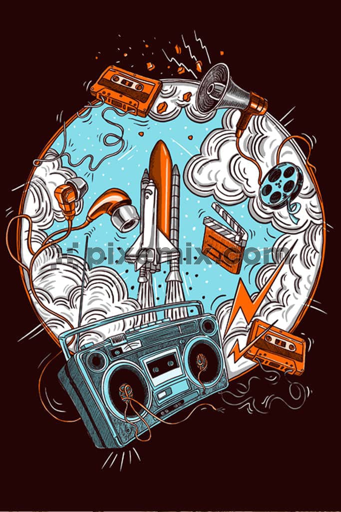 Music Inspired doodle rocket product graphic