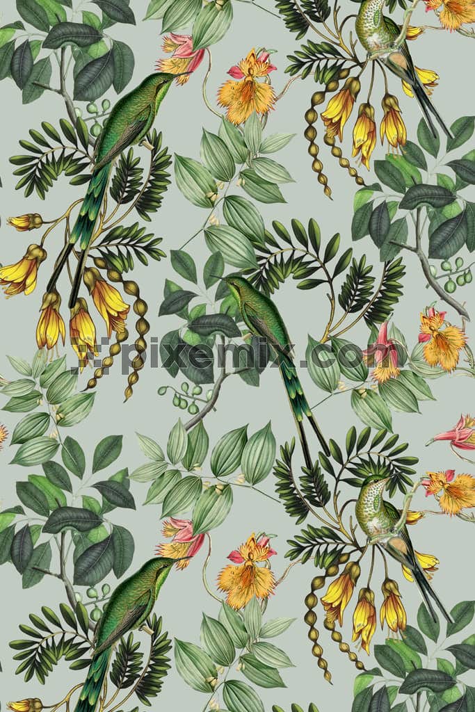 Tropical leaf and birds product graphic with seamless repeat pattern