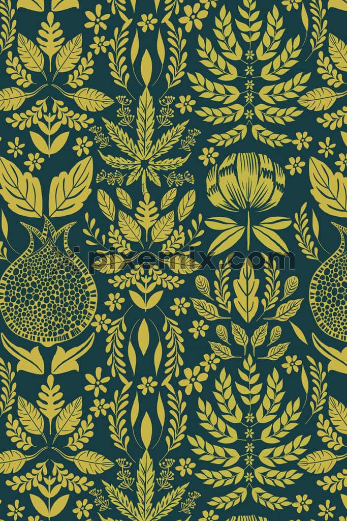 Doodel art inspired leaf and florals product graphic with seamless repeat pattern