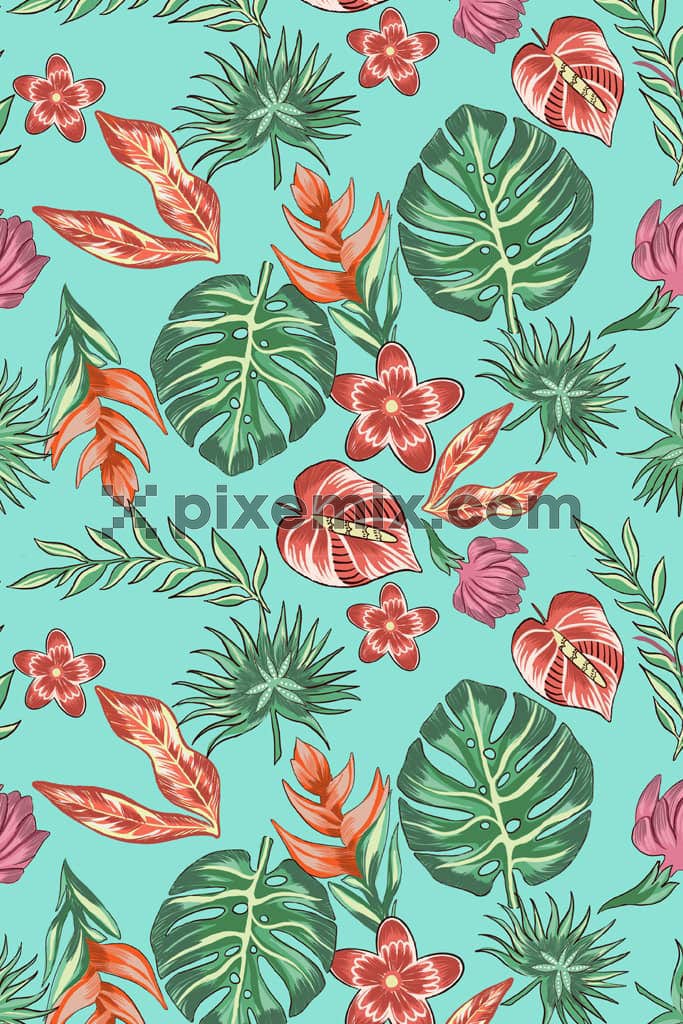 Doodle art inspired topical leaf product graphic with seamless repeat pattern