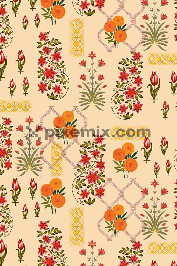 Persian art inspired florals and leaf product graphic with seamless repeat pattern