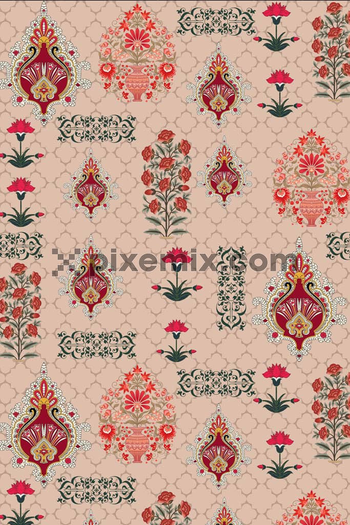 Persian art inspired floral art product graphic with seamless repeat pattern