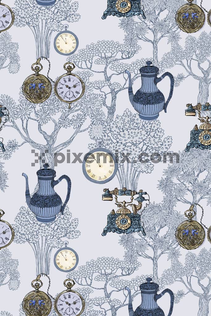 Lineart tree and vintage clock product graphic with seamless repeat pattern