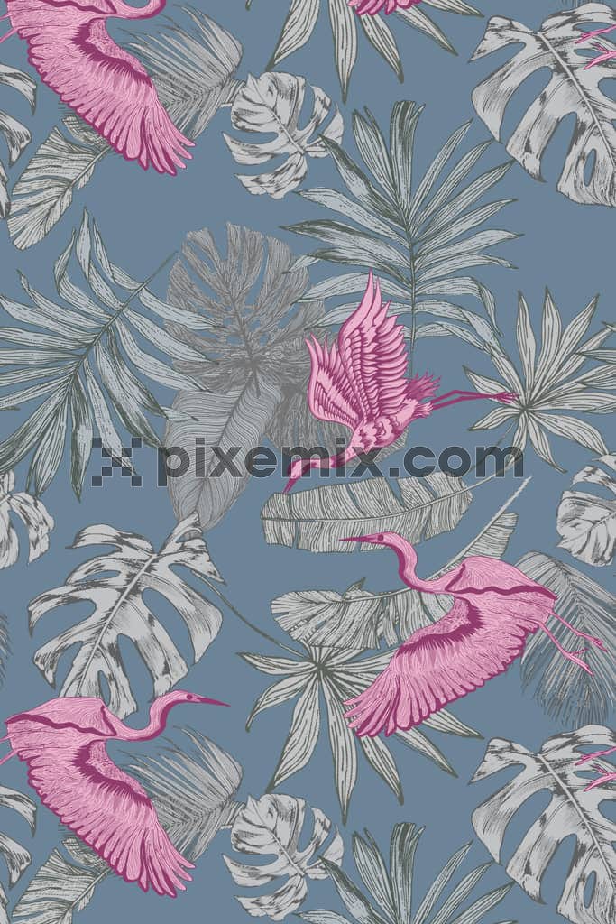 Monochrome leaves and cranes bird product graphic with seamless repeat pattern