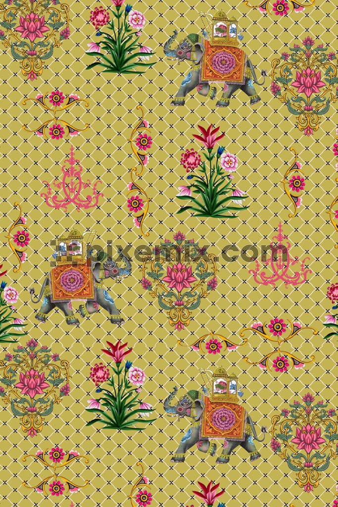 Mughal art elephants and florals art product graphic with seamless repeat pattern