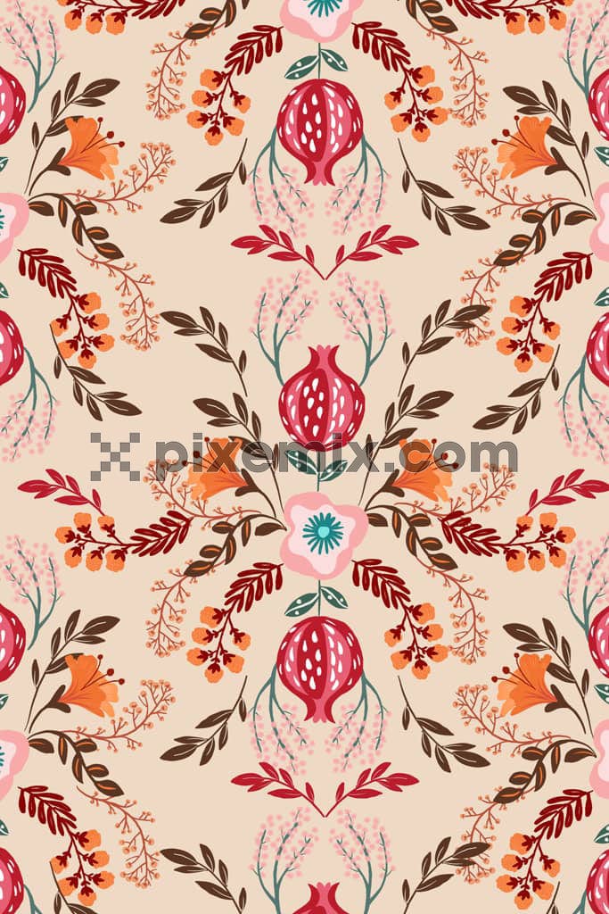 Doodle art inspired florals and leaf product graphic with seamless repeat pattern