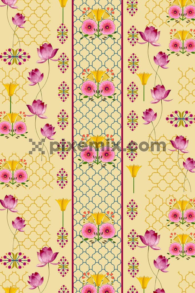Mughal art inspired florals art product graphic with seamless repeat pattern