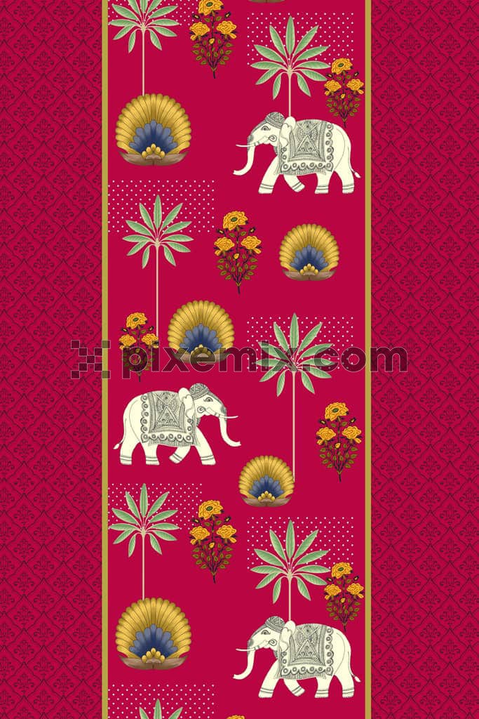 Mughal art inspired florals and elephants product graphic with seamless repeat pattern