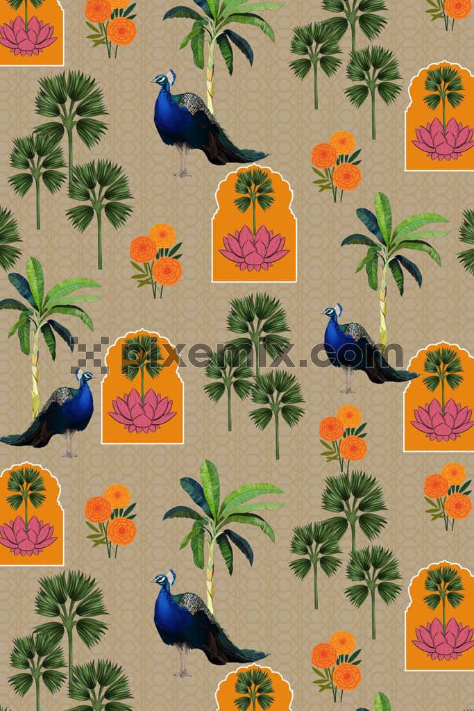 Mughal art inspired florals and peacock product graphic with seamless repeat pattern