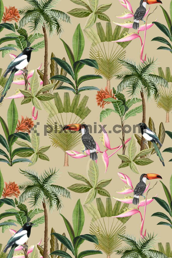 Tropical leaves and birds product graphic with seamless repeat pattern