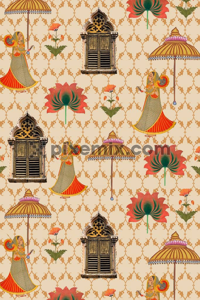 Indian mughal motifs inspired florals and woman product graphic with seamless repeat pattern