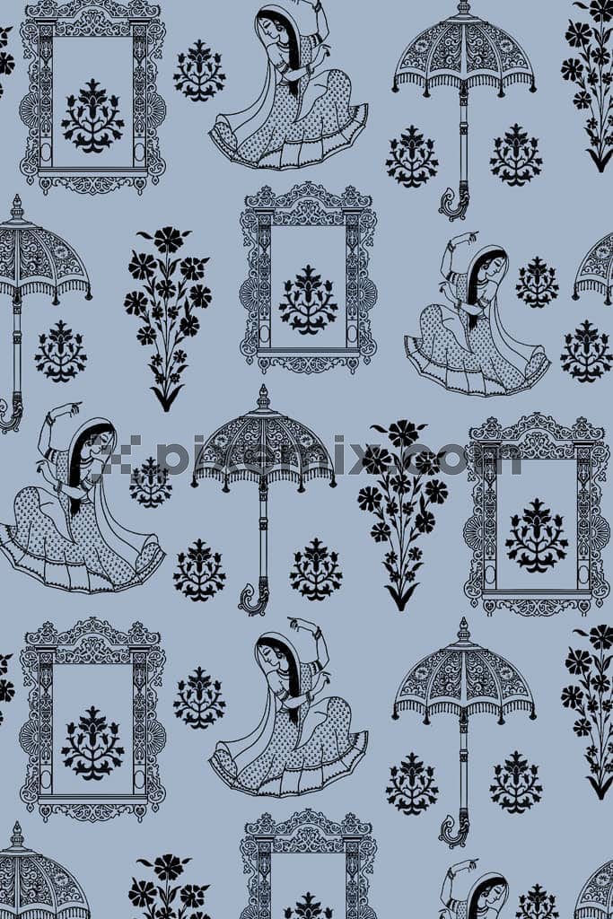 Indian mughal motifs inspired monochrome florals and woman product graphic with seamless repeat pattern