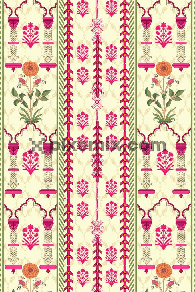 Paisley art florals and mughal motifs product graphic with seamless repeat pattern