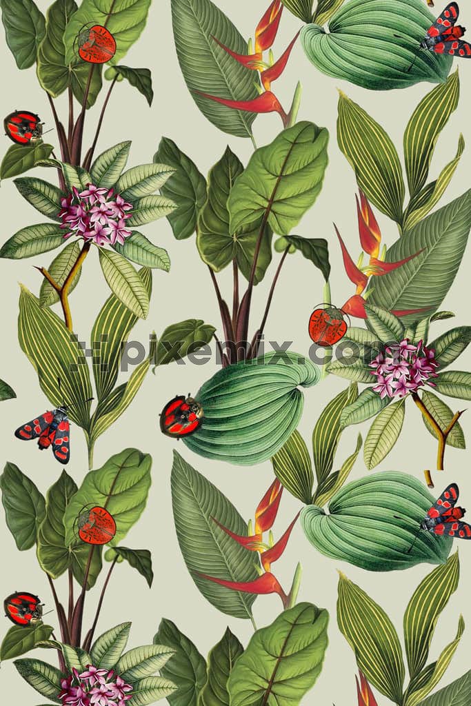 Tropical leaves and ladybirds product graphic with seamless repeat pattern
