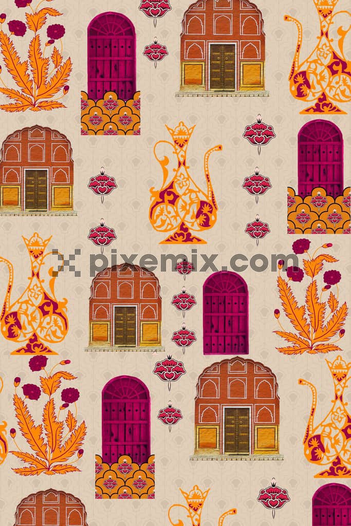 Mughal art leaves product graphic with seamless repeat pattern
