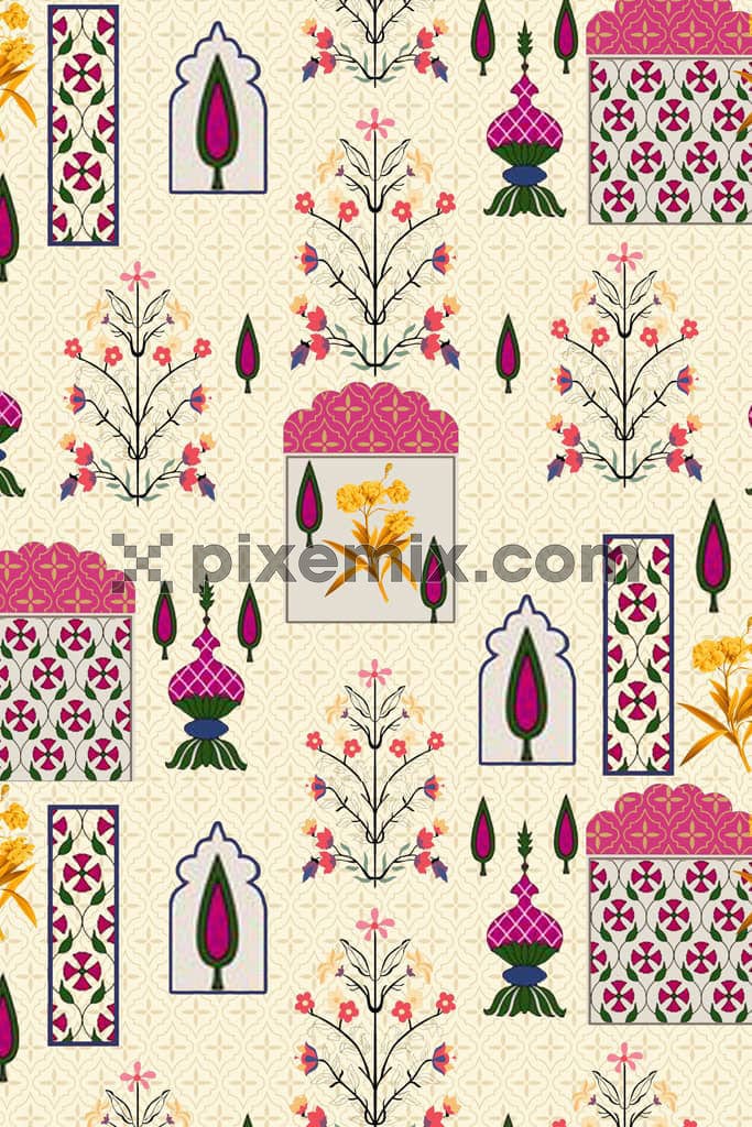 Mughal art inspired florals and leaves product graphic with seamless repeat pattern