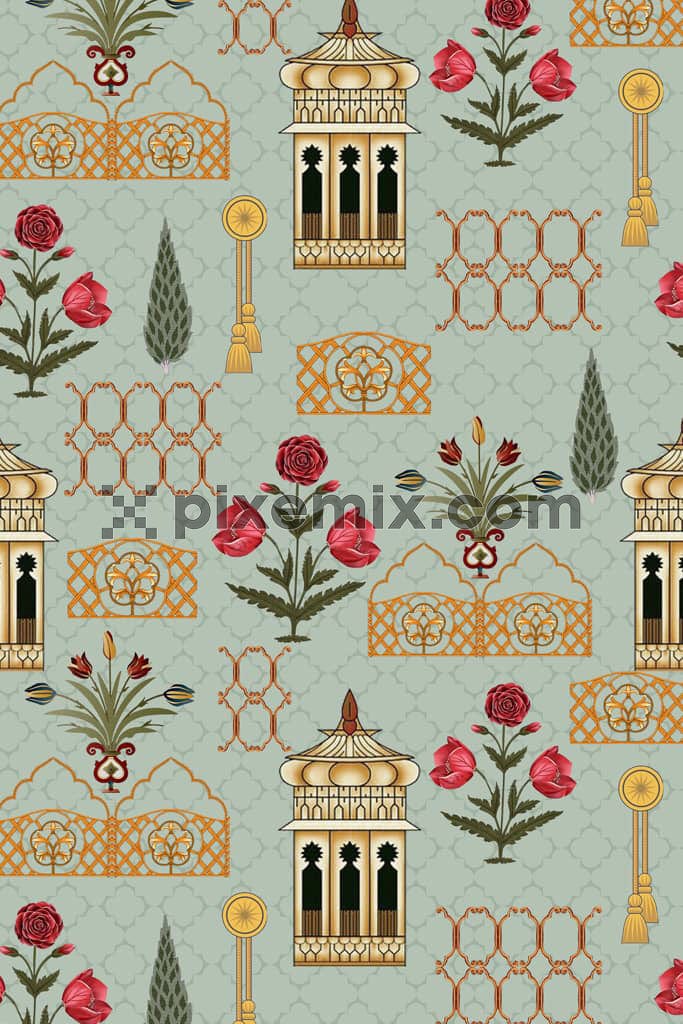 Mughal art inspired florals and leaves product graphic with seamless repeat pattern