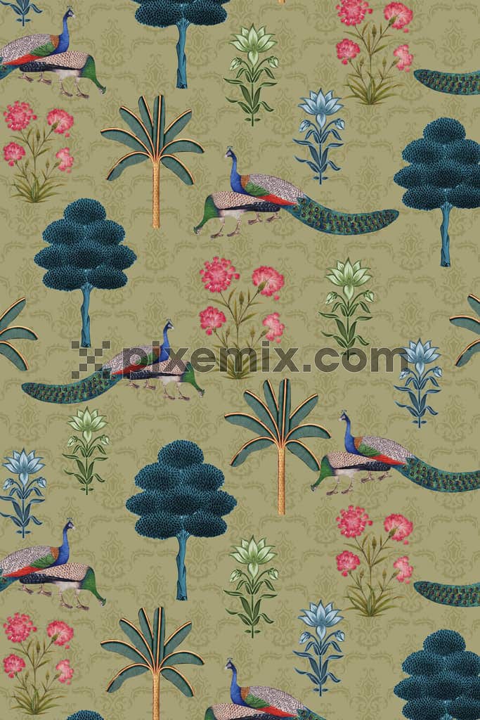 Tropical tree and peacocks product graphic with seamless repeat pattern
