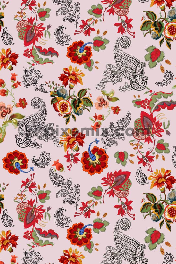 Florals and paisley art product graphic with seamless repeat pattern