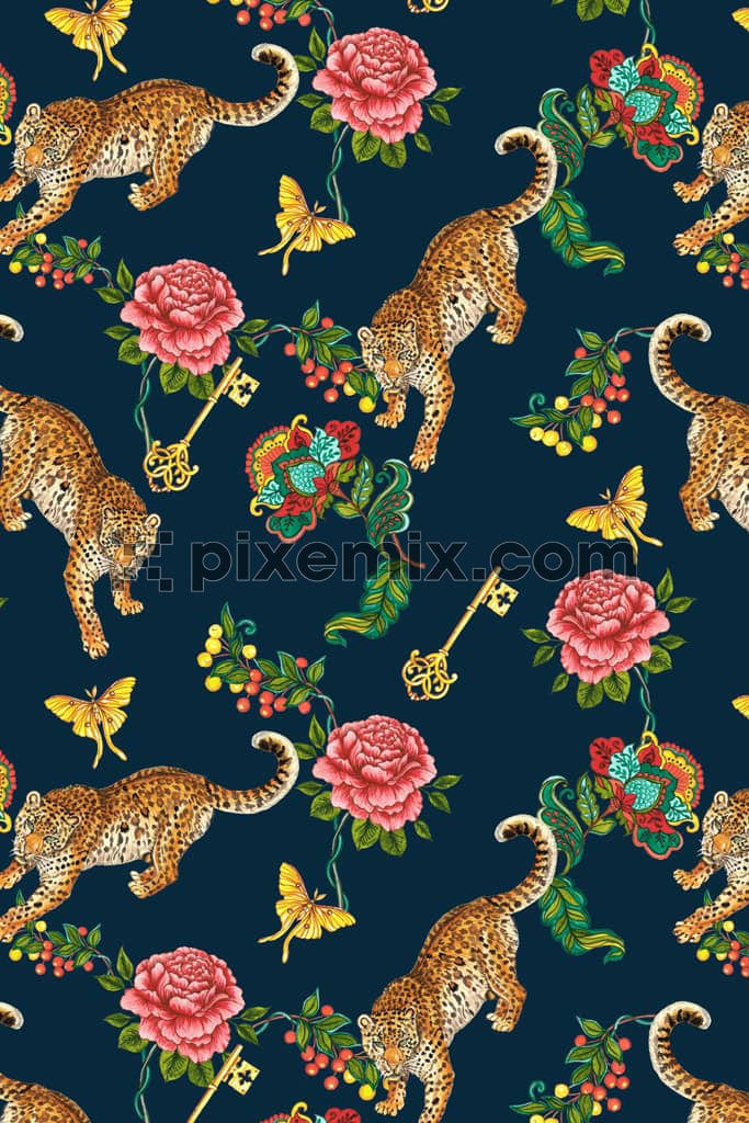 Tropical art inspired tiger and florals product graphic with seamless repeat pattern