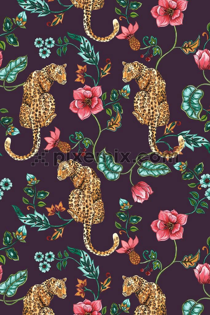 Tropical leaf and florals around leopard product graphic with seamless repeat pattern