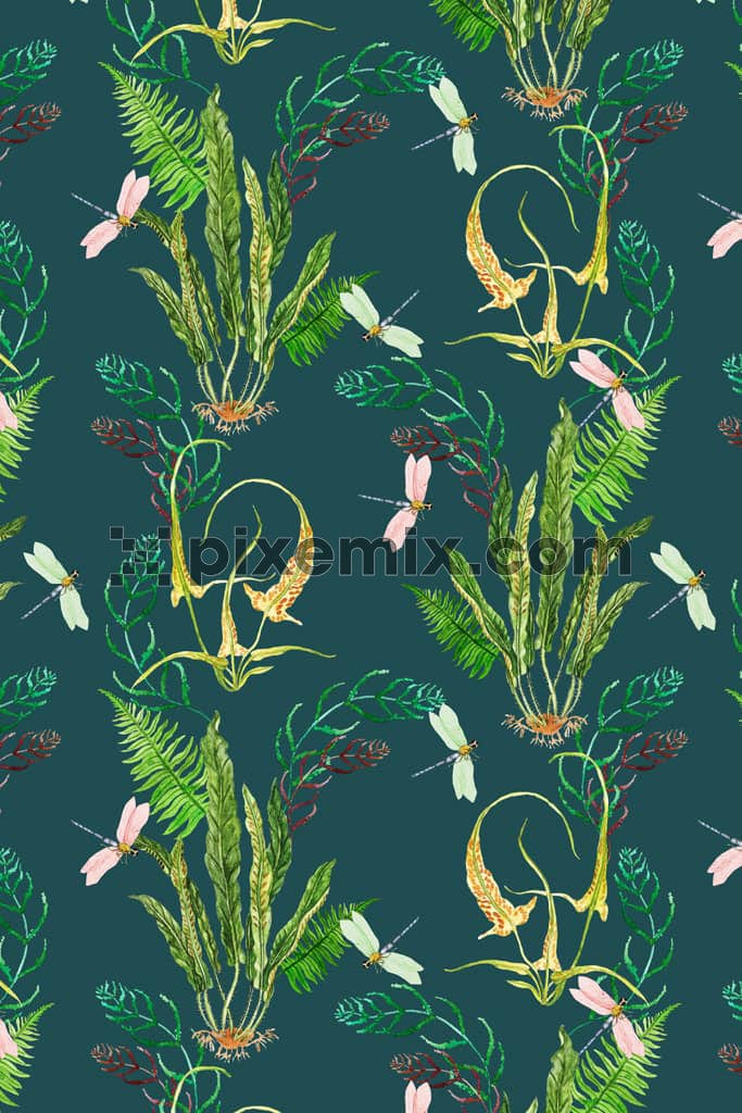 Tropical leaf and dragonfly product graphic with seamless repeat pattern
