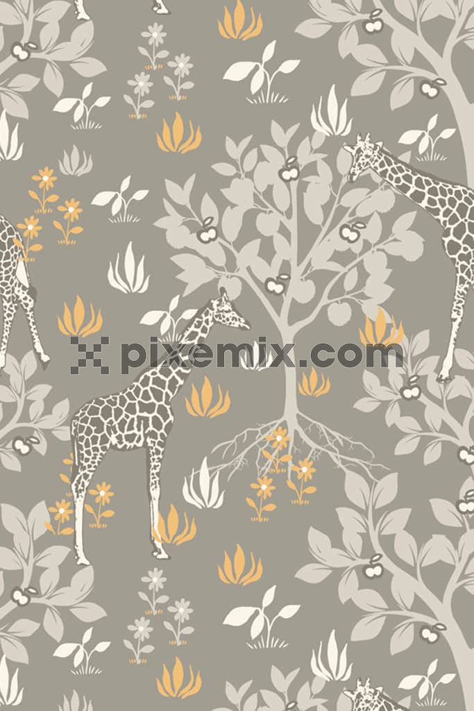 Doodleart inspired tree and animal product graphic with seamless repeat pattern