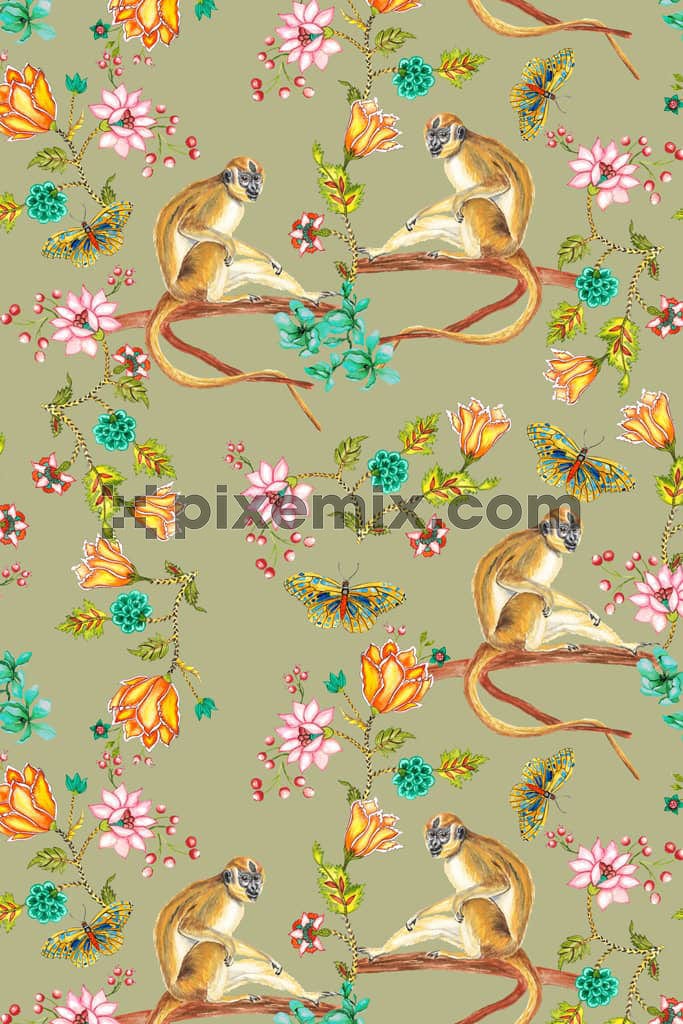 Florals art and monkey product graphic with seamless repeat pattern