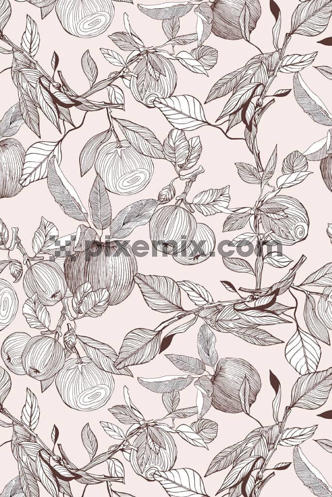 Lineart inspired tropical leaf and fruits product graphic with seamless repeat pattern
