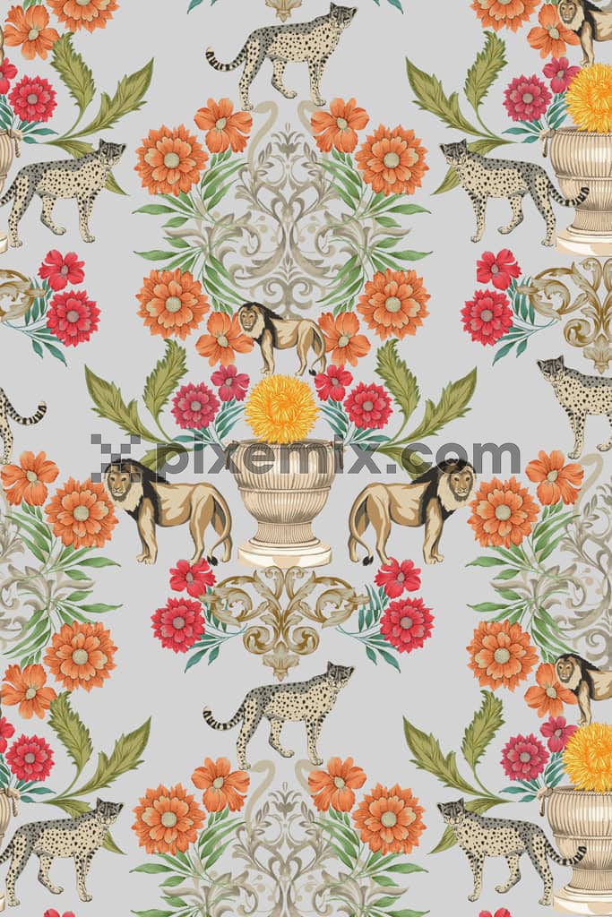 Florals and doodle animals product graphic with seamless repeat pattern