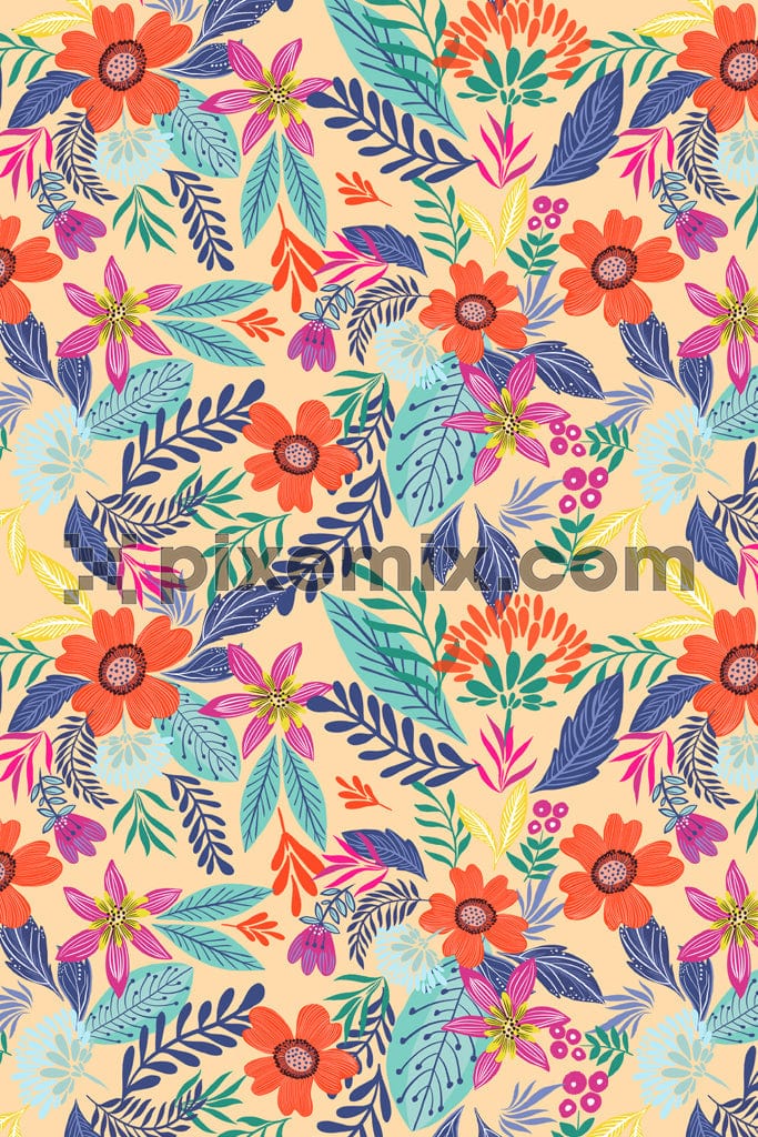 Doodle art florals and leaves product graphic with seamless repeat pattern