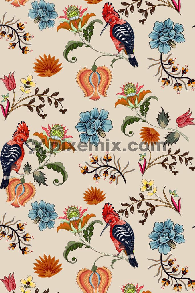 Paisley florals and birds product graphic with seamless repeat pattern