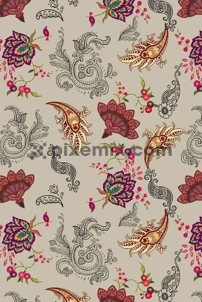 Paisley and florals art product graphic with seamless repeat pattern