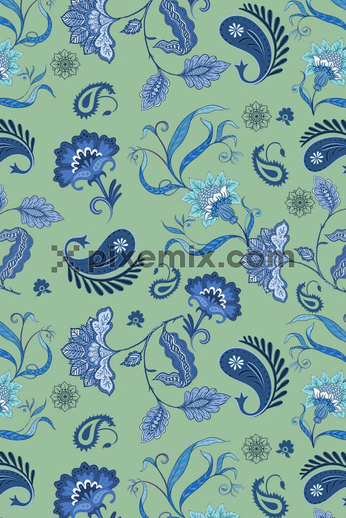 Paisley and florals art product graphic with seamless repeat pattern