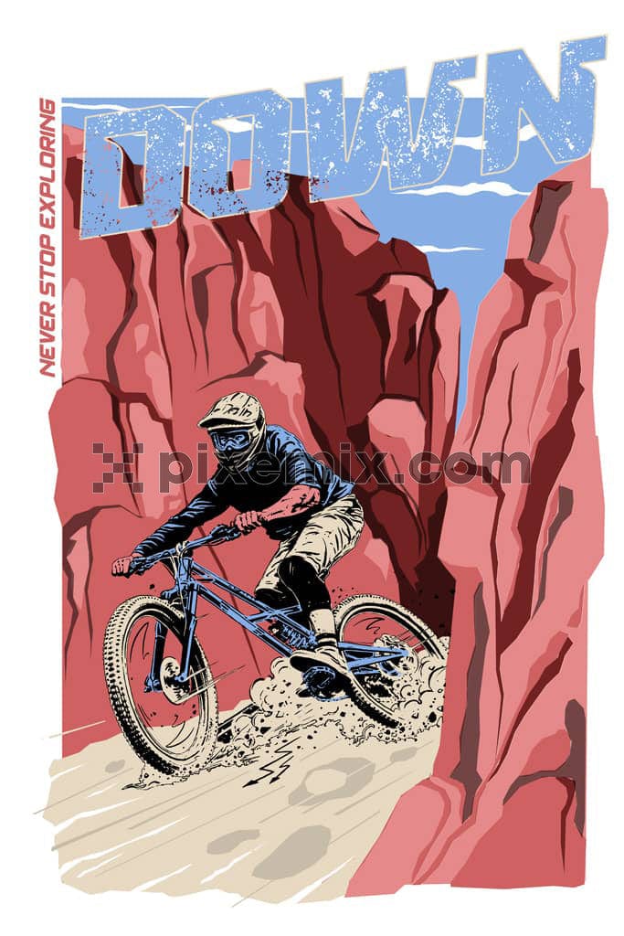 Hand-illustrated inspired mountain biker product graphic