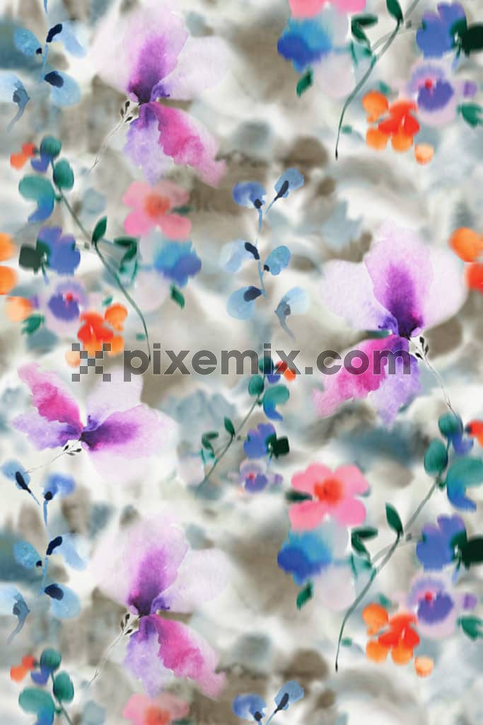 Watercolor florals and bird product graphic with seamless repeat pattern