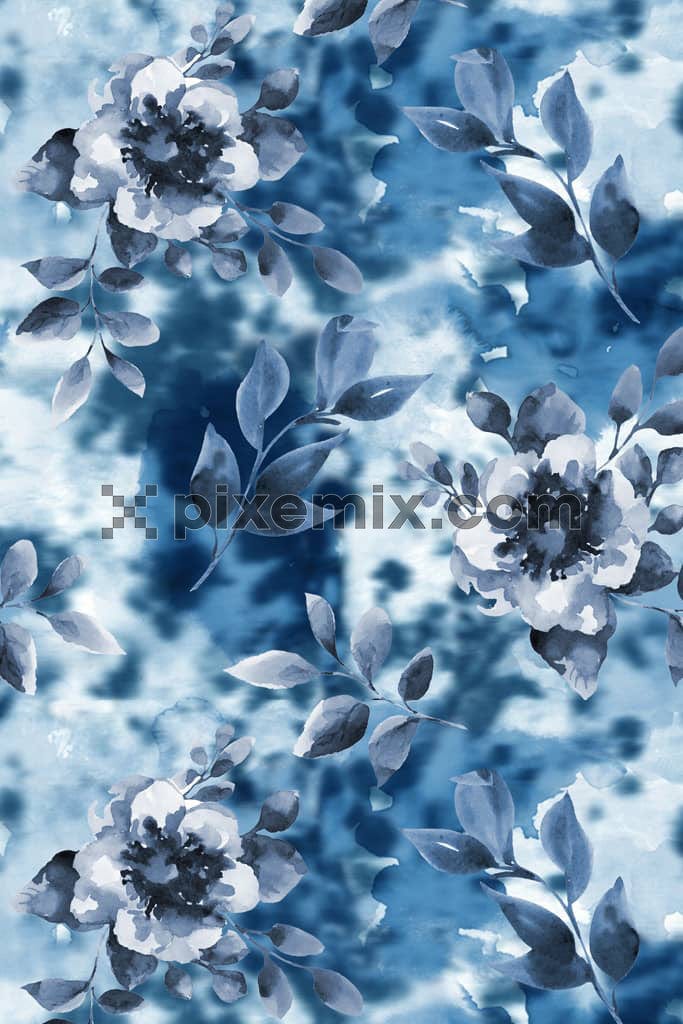 Watercolor floral and leaf product graphic with seamless repeat pattern