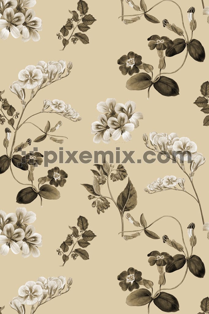 Monochrome leaf and florals product graphic with seamless repeat pattern