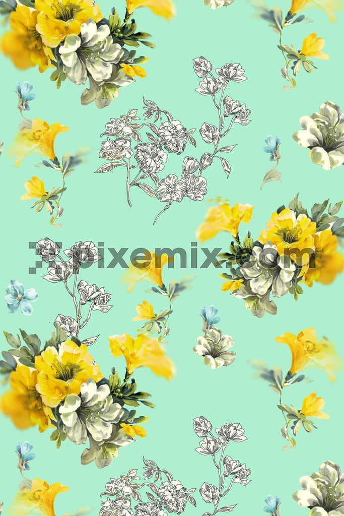 Watercolor effect floral and leaf product graphic with seamless repeat pattern