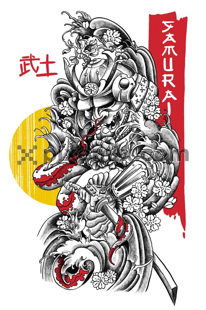 Oriental inspired samurai and typography product graphic