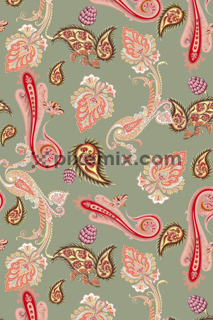 Paisley with florals art product graphic with seamless repeat pattern