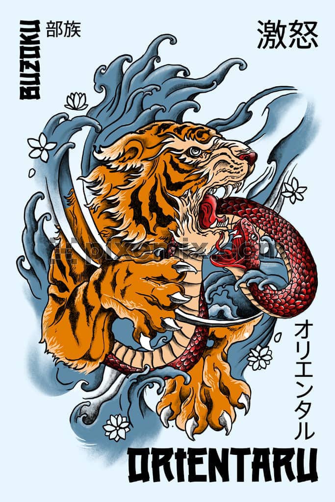 Oriental inspired hand drawn illustration tiger and snake product graphic