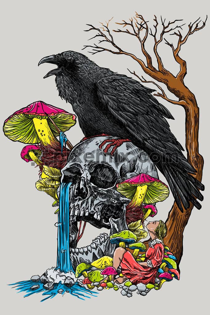 Surreal art inspired hand drawn illustration skull and crow product graphic